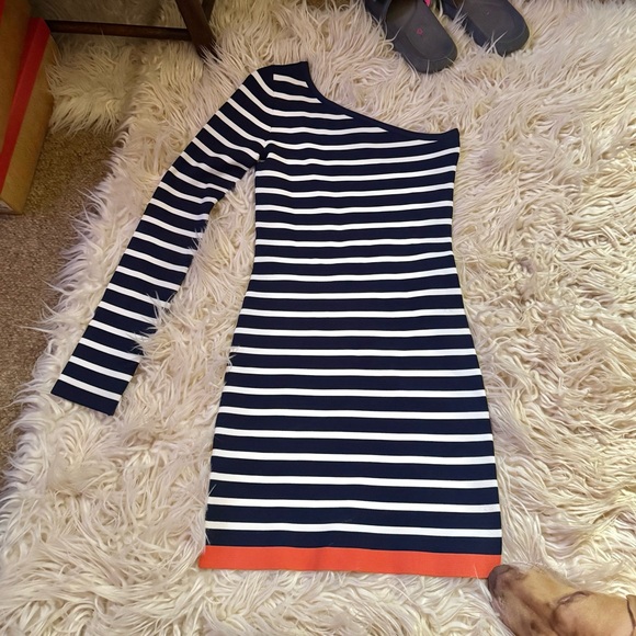 Navy White BCBGMaxazria Striped One-Shoulder Dress bandage Leger bodycon M S - Picture 5 of 8